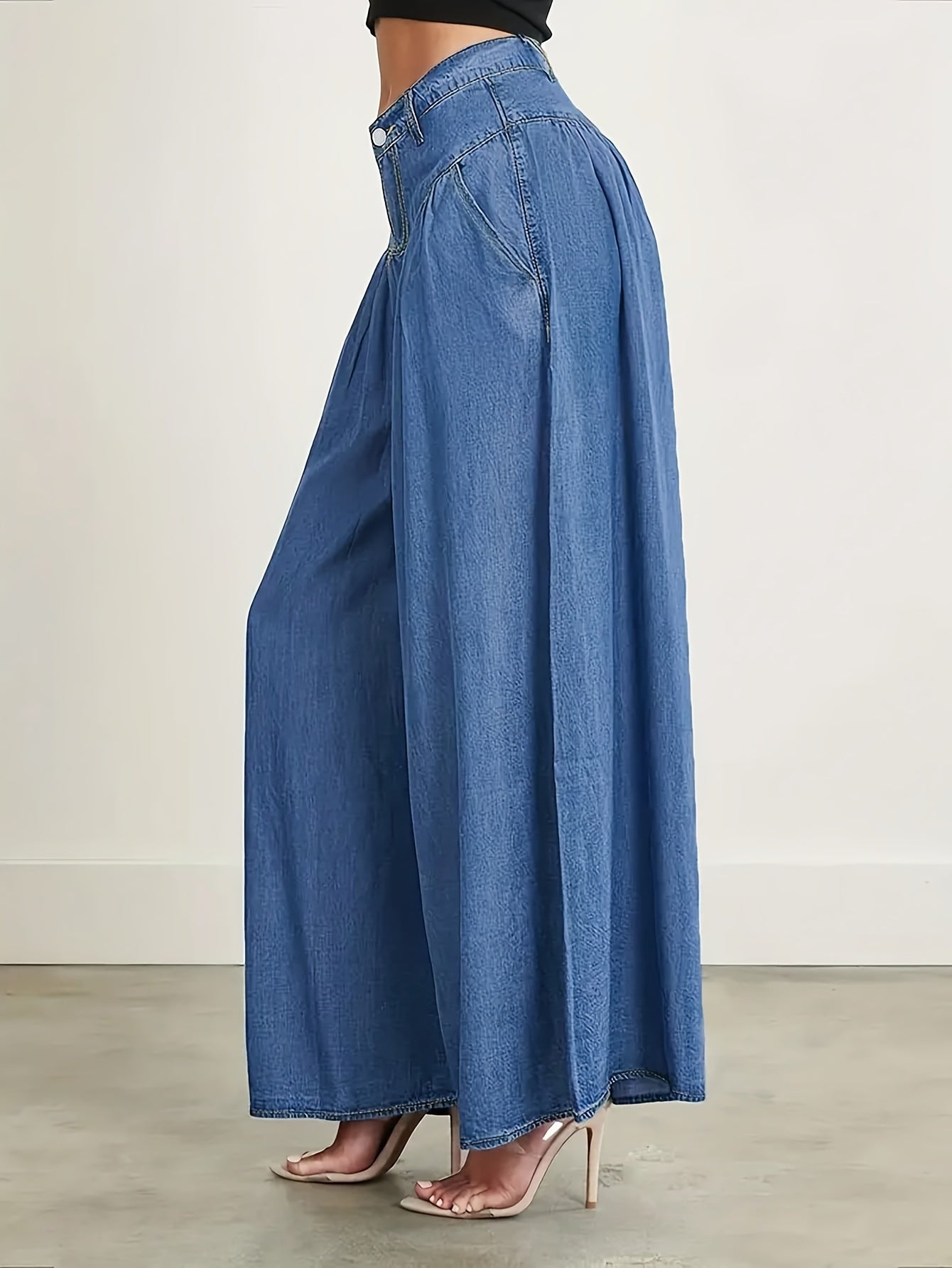 Plain Washed Blue Loose Fit Pleated Wide Leg Denim Pants, Women's Denim Jeans & Clothing MyFave Boutique