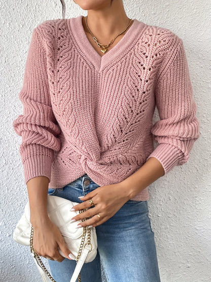 Elegant V-Neck Twist Sweater for Women - Cozy Acrylic Knit, Long Sleeve, Perfect for Fall/Winter MyFave Boutique