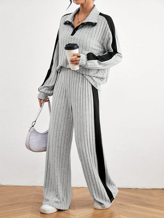 Color Block Ribbed Knit Pants Set, Long Sleeve Quarter Button Lapel Drop Shoulder Sweatshirt & Wide Leg Pants Outfits, Women's Clothing MyFave Boutique