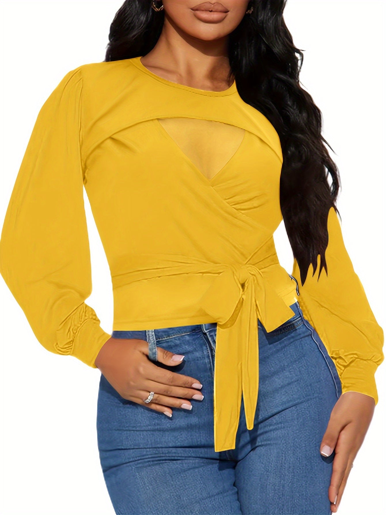 Women's Elegant Long Sleeve Mesh Blouse with Belted Waist - Casual Pullover Top MyFave Boutique