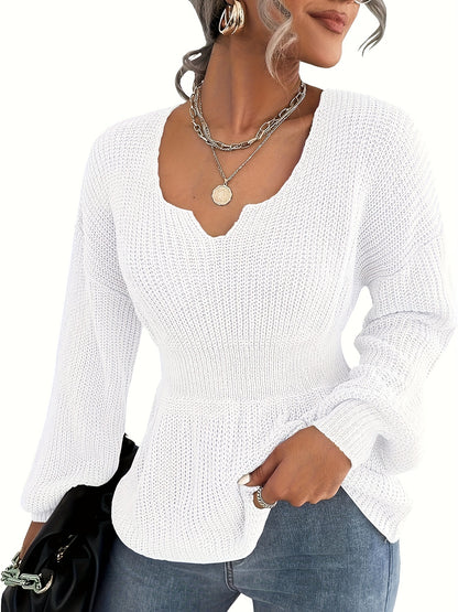 Womens V Neck Sweaters Fall Trendy Casual Long Lantern Sleeve Ribbed Knit Pullover Sweater Tops MyFave Boutique