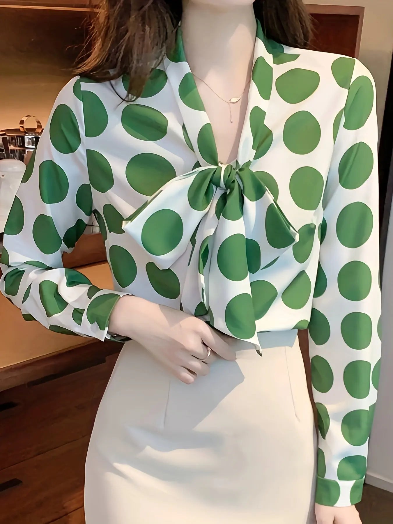 Polka Dot Print Tie Front Blouse, Boho Long Sleeve Shirt, Women's Flowy Tops MyFave Boutique