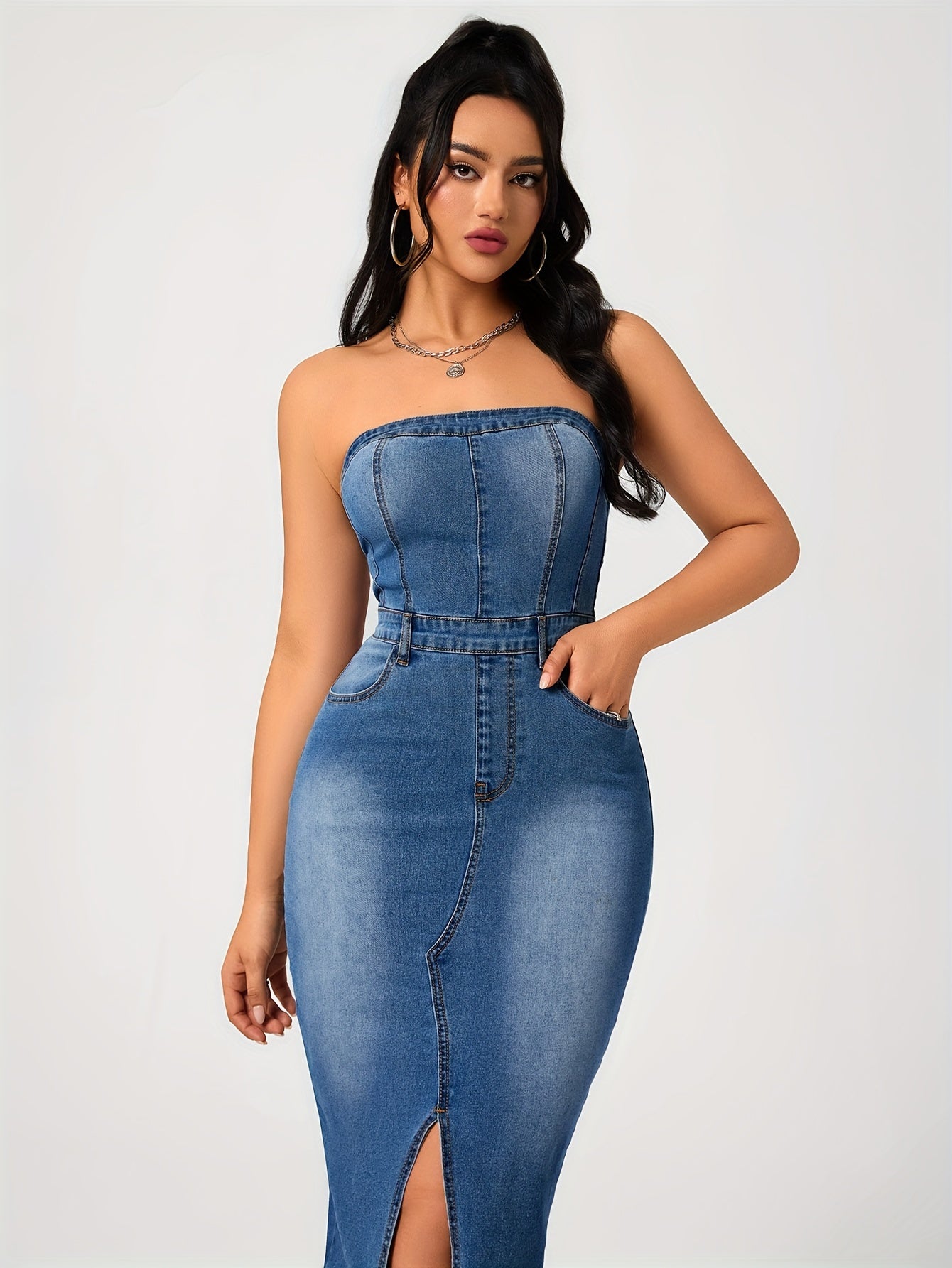 Plain Washed Blue Split Front Bandeau Zipper Bodycon Midi Denim Dress, Women's Denim Jeans & Clothing MyFave Boutique