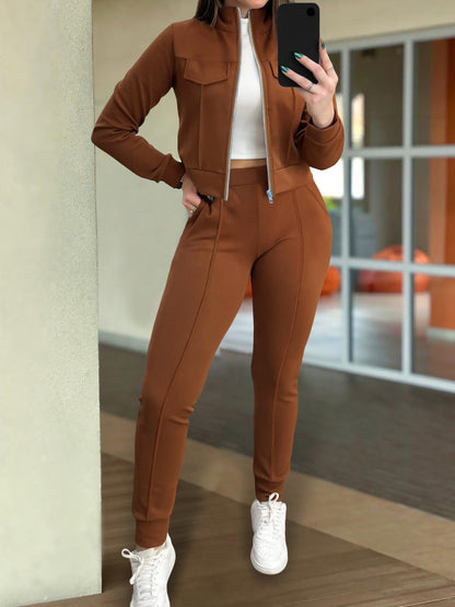 Solid Matching Two-piece Pants Set, Casual Long Sleeve Zipper Jacket & Slim Slant Pocket Jogger Pants Outfits For Spring & Fall, Women's Clothing MyFave Boutique