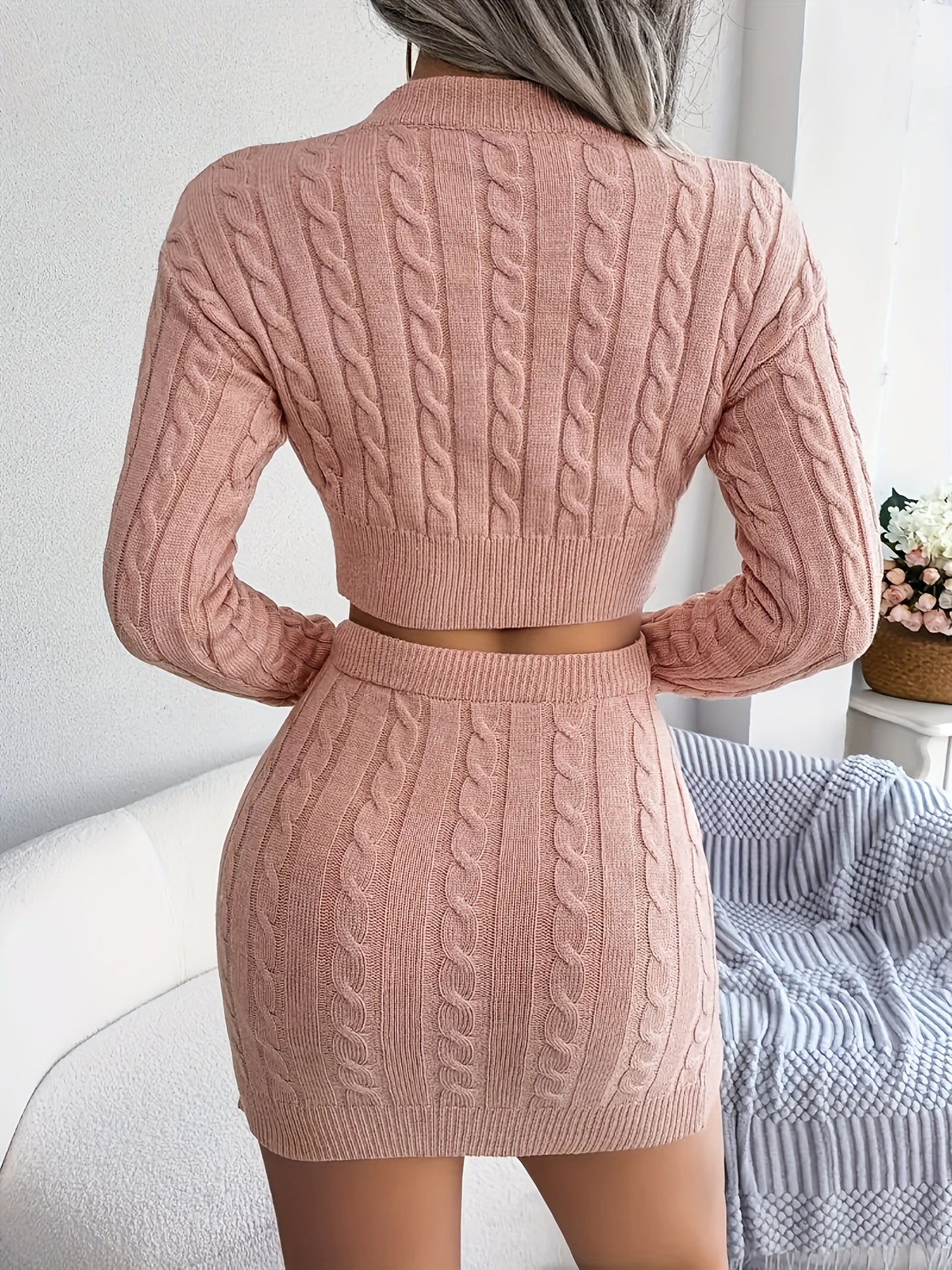 Cable Knit Solid Knitted Skirt Set, Elegant Long Sleeve Crew Neck Crop Sweater & High Waist Bodycon Skirt Outfits, Women's Clothing MyFave Boutique