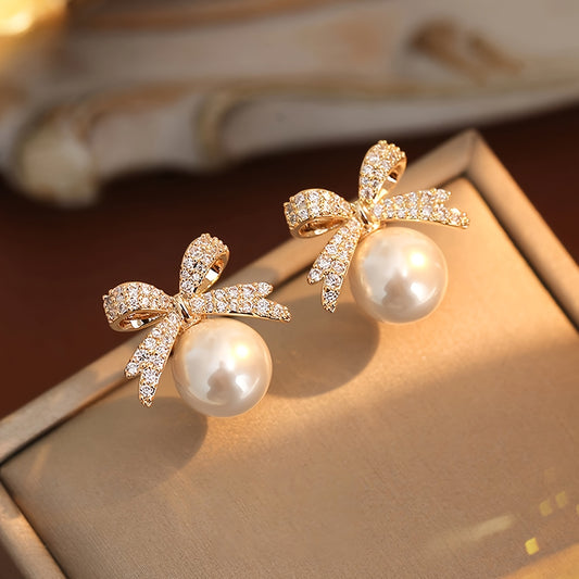 1 Pair Cute Bowknot With Pearl Stud Earrings Minimalist Vacation Party Style Zinc Alloy Faux Pearl Stud Earrings New Year Gift Ear Jewelry MyFave Boutique