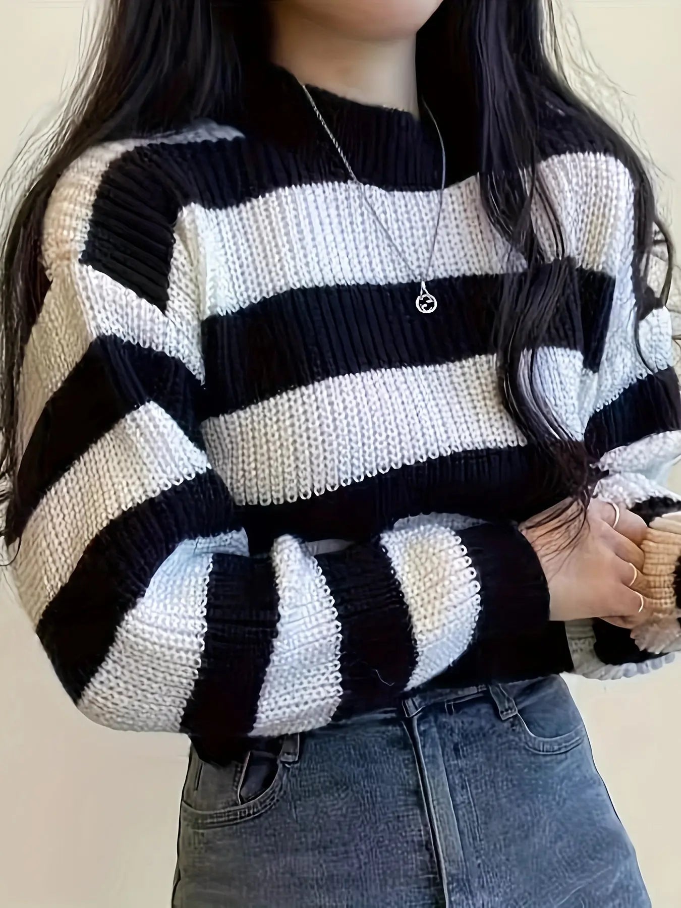 Stripe Pattern Crew Neck Sweater, Casual Long Sleeve Sweater For Fall & Winter, Women's Clothing MyFave Boutique