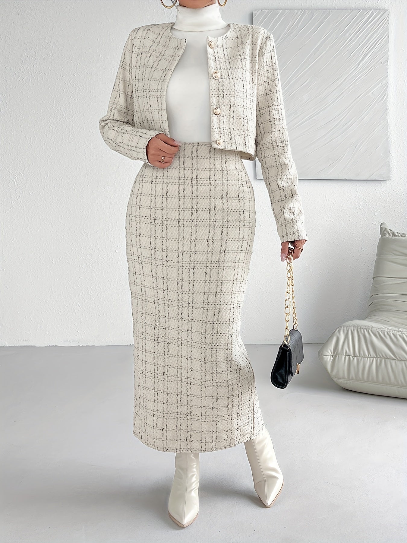 2 Pcs Chic Tweed Jacket & Sheath Knit Skirt Set, Button Front Long Sleeve Crew Neck Jacket & High Waist Split Hem Ankle Length Slim Skirt, Women's Clothing MyFave Boutique