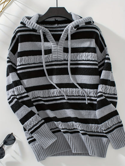 Stripe Pattern Drawstring Hoodie Sweater, Casual Long Sleeve Textured Sweater For Fall & Winter, Women's Clothing MyFave Boutique