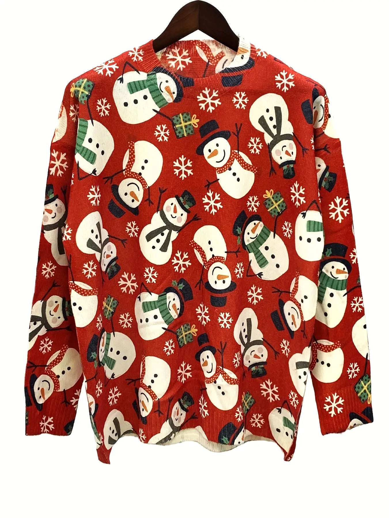 Elegant Crew Neck Snowman Print Long Sleeve Sweater - Women's Fall/Winter Knitted Pullover, Polyester Blend with Acrylic & Nylon, Christmas Pattern MyFave Boutique