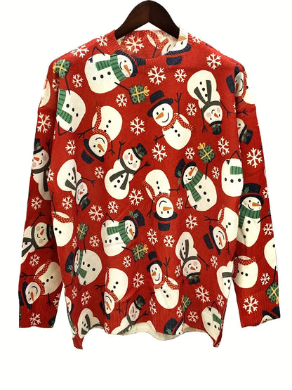 Elegant Crew Neck Snowman Print Long Sleeve Sweater - Women's Fall/Winter Knitted Pullover, Polyester Blend with Acrylic & Nylon, Christmas Pattern MyFave Boutique