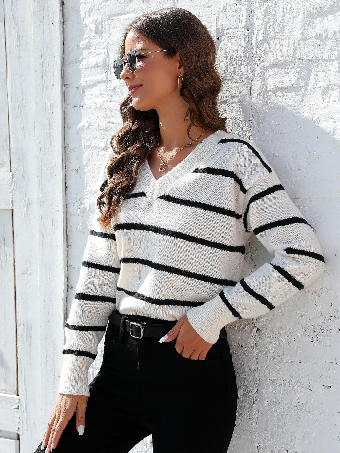 Striped V Neck Knit Sweater, Elegant Long Sleeve Pullover Sweater, Women's Clothing MyFave Boutique