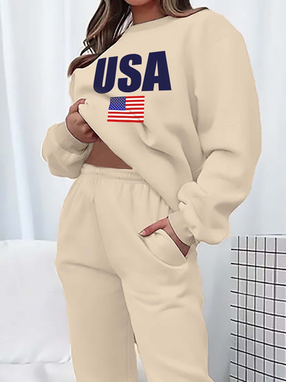 two-piece Women's Flag Print Fleece Set - Cozy Long Sleeve Sweatshirt and Jogger Sweatpants for Casual Comfort MyFave Boutique