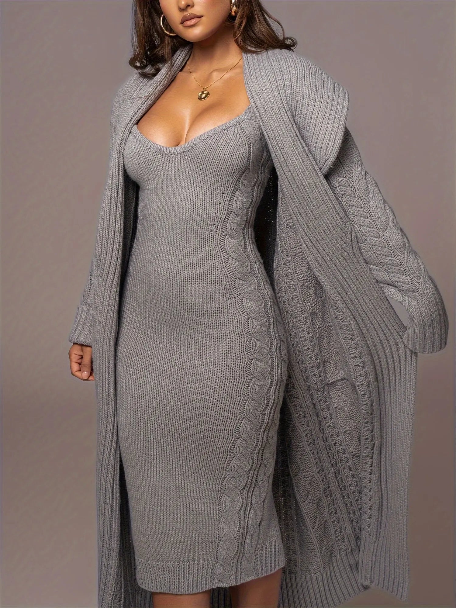 Knitted Sweater Dress And Cardigan Two-piece Set, Chic, Warm And Cozy, For Fall Winter 2024 MyFave Boutique