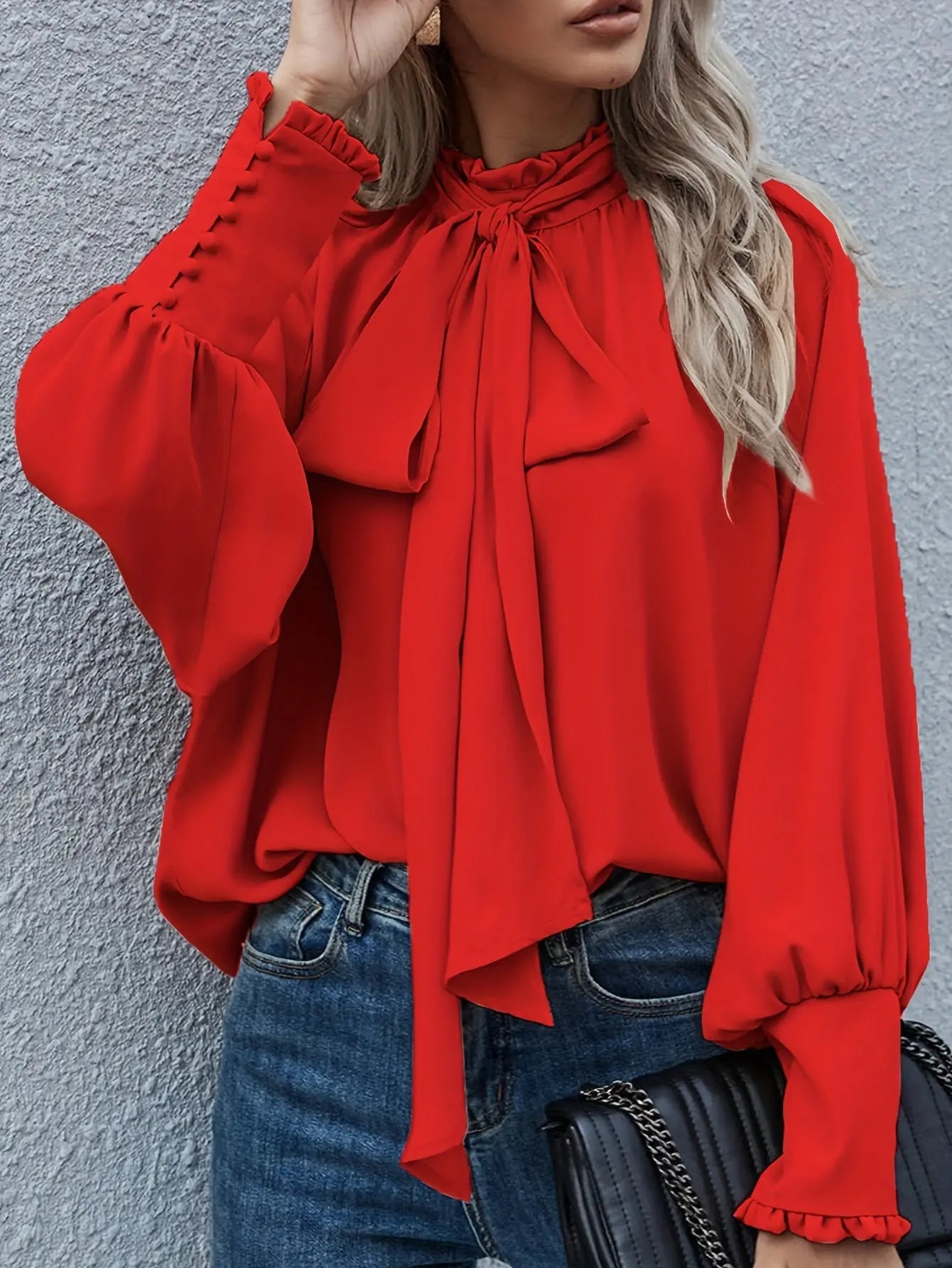 Solid Color Lantern Sleeve Blouse, Loose Fit Tie Back Top for Women, Daily Wear MyFave Boutique