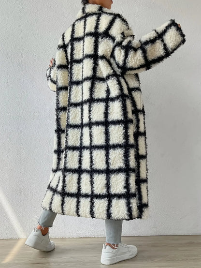 Elegant Plaid Drop Shoulder Long Pants Fleece-Lined Long Sleeve Polyester Coat for Women - Autumn/Winter MyFave Boutique