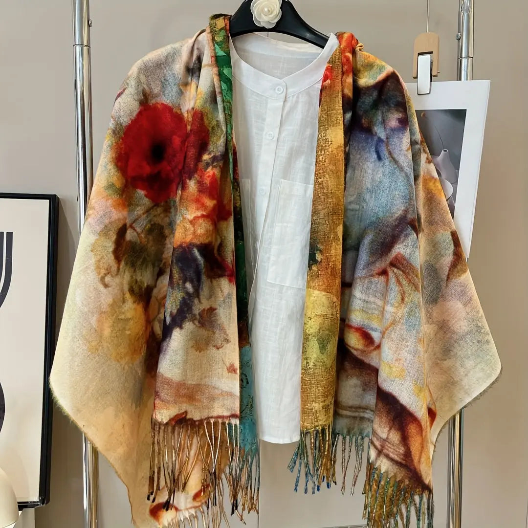 Women's Vintage-Inspired Double-Sided Printed Tassel Shawl - Cozy, Warm Winter Scarf with Classic Design MyFave Boutique