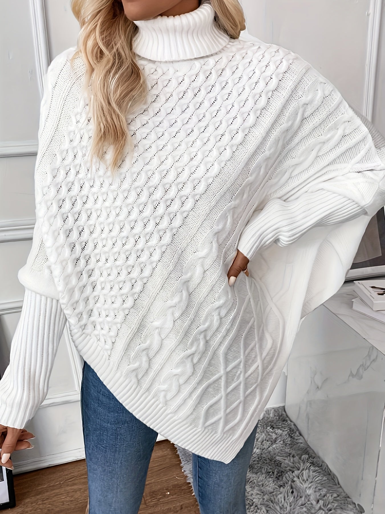 Cable Knit Turtle Neck Sweater, Stylish Hanky Hem Batwing Long Sleeve Sweater For Fall & Winter, Women's Clothing MyFave Boutique