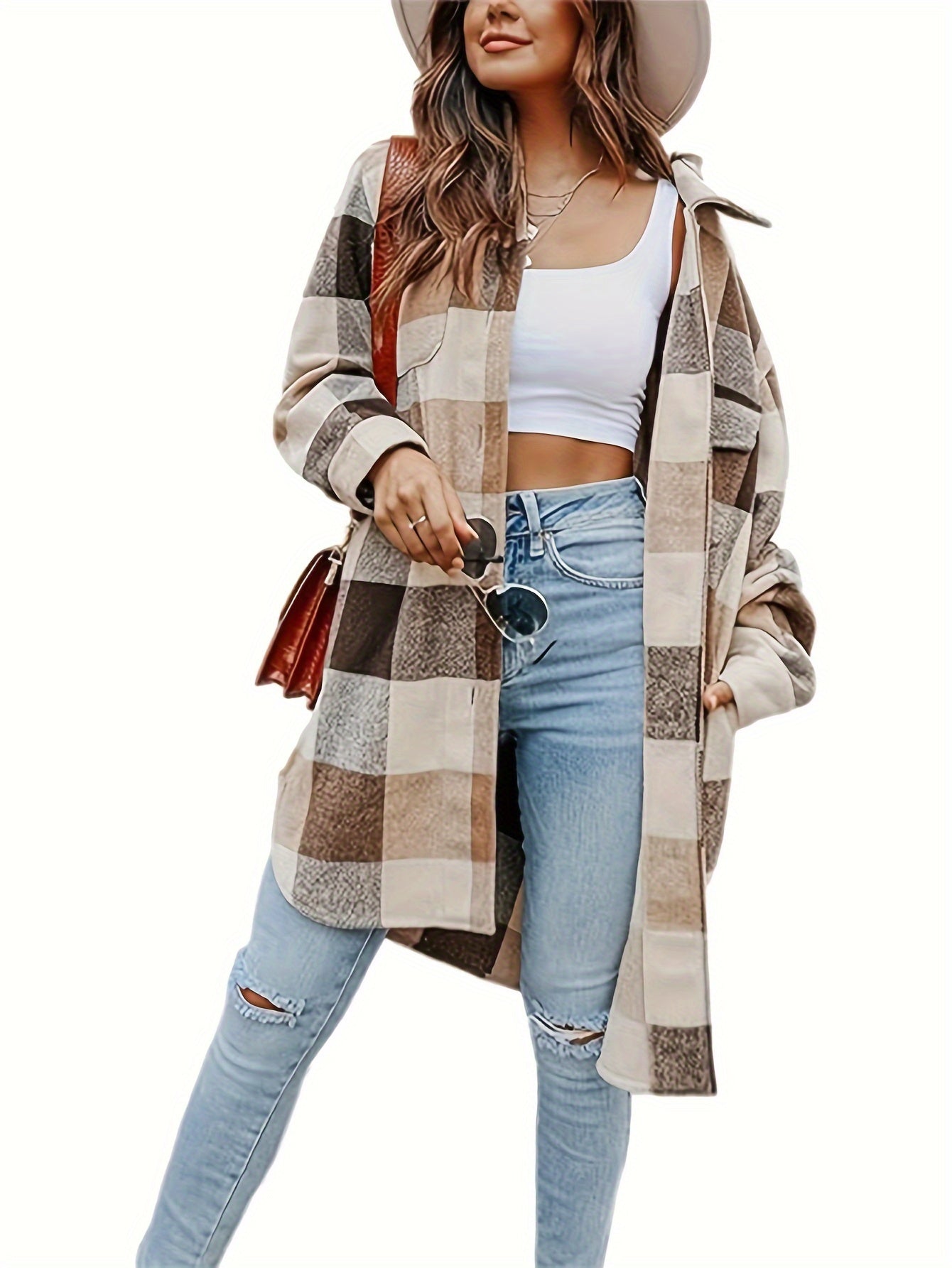 Plaid Print Button Up Shirt Jacket, Casual Turndown Collar Mid Length Outwear With Pocket, Women's Clothing MyFave Boutique