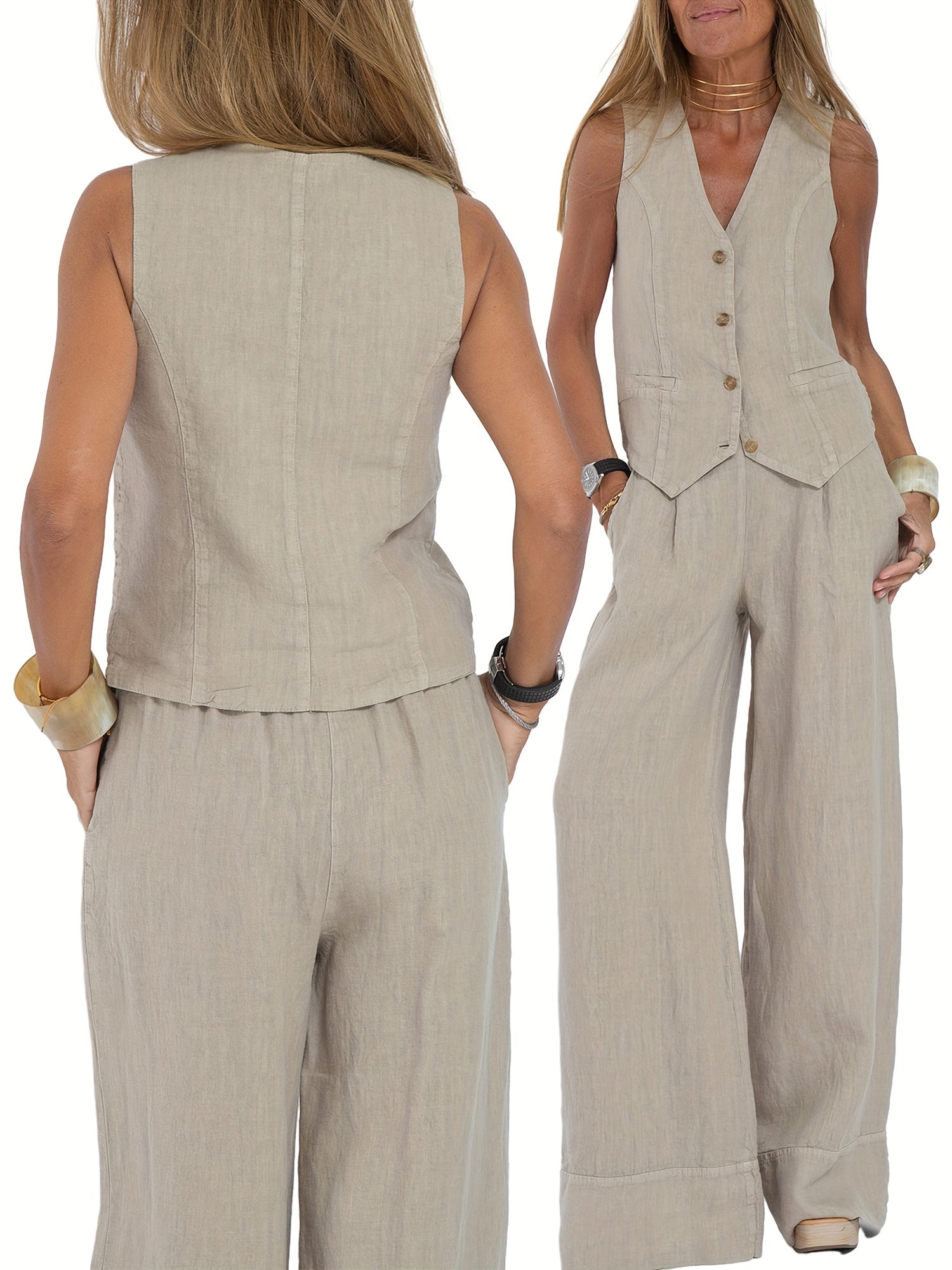 Stylish Two Piece Solid Color Vest and Pants Set for Women, Sleeveless V-Neck Vest with Buttons and Pockets, Wide Leg Pants, Fashionable Outfit for Any Occasion MyFave Boutique