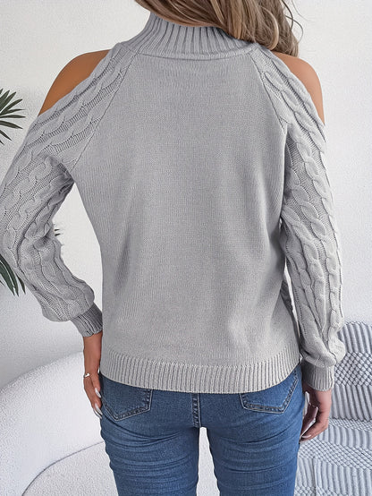 Solid Turtle Neck Cable Knit Sweater, Casual Cold Shoulder Long Sleeve Sweater, Women's Clothing MyFave Boutique