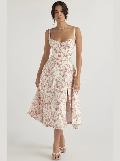 Women's Floral Print High-Low Midi Dress with Spaghetti Straps and Sweetheart Neckline for Summer Elegance MyFave Boutique