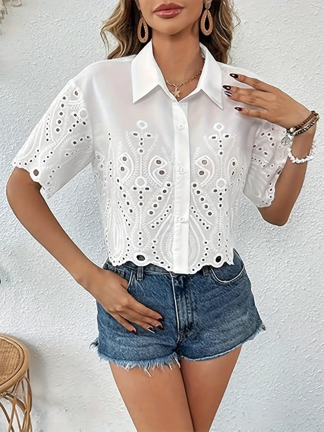 Eyelet Embroidered Button Front Shirt, Casual Short Sleeve Scallop Trim Shirt For Spring & Summer, Women's Clothing MyFave Boutique