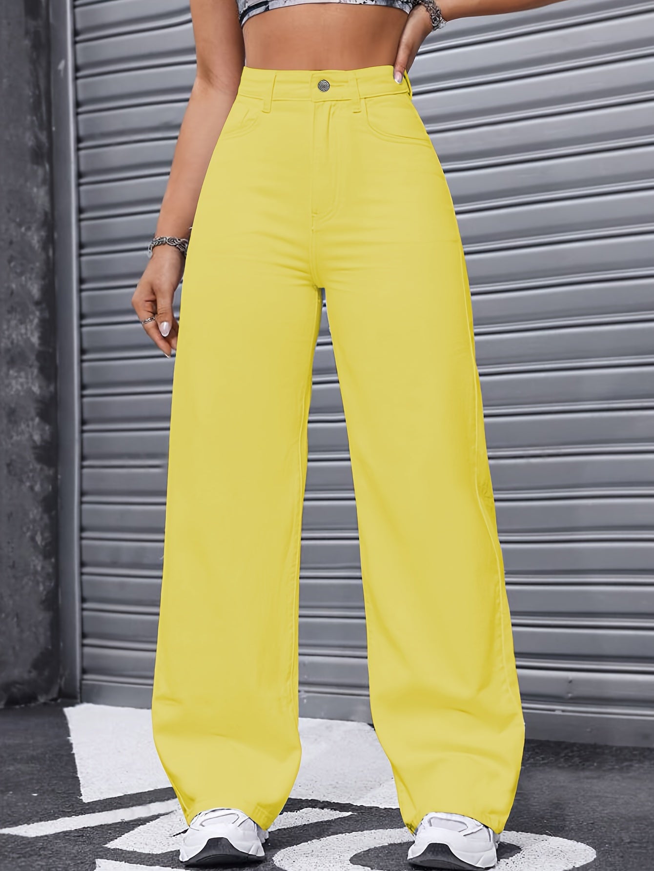 Plain Yellow Pastel Color Loose Fit Wide Leg Elastic Waistband Jeans, Women's Denim Jeans & Clothing MyFave Boutique