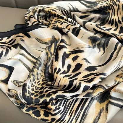 Stylish Leopard Print Scarf Simulated Silk Thin Smooth Shawl Mature Style Windproof Sunscreen Travel Scarf For Women MyFave Boutique