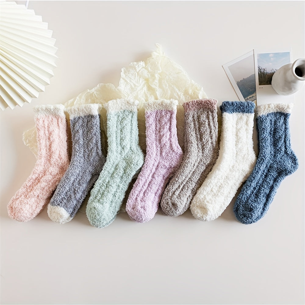 7 Pairs Colorblock Fuzzy Socks, Comfy & Warm Thickened Floor Socks, Women's Stockings & Hosiery MyFave Boutique