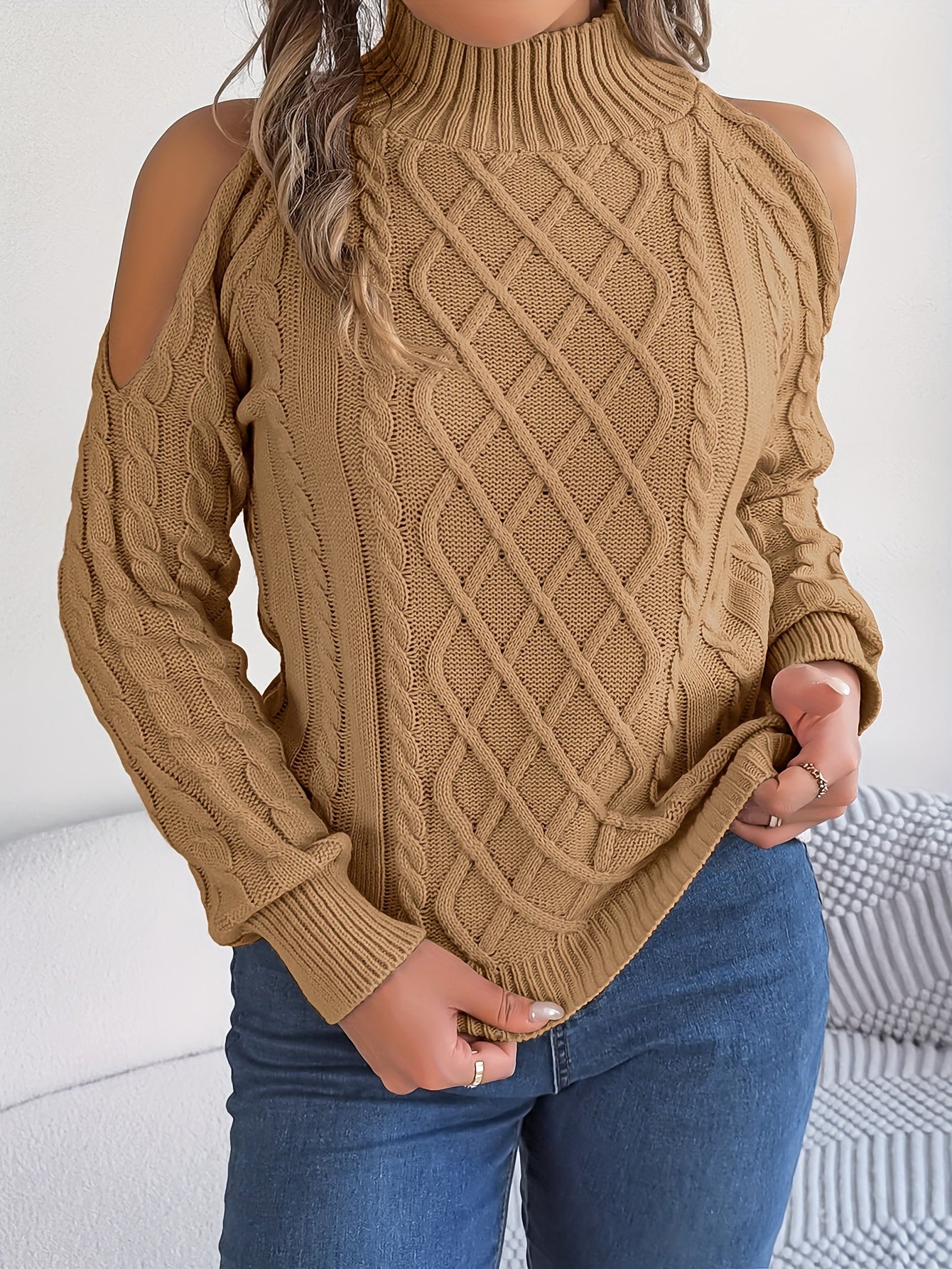 Solid Turtle Neck Cable Knit Sweater, Casual Cold Shoulder Long Sleeve Sweater, Women's Clothing MyFave Boutique