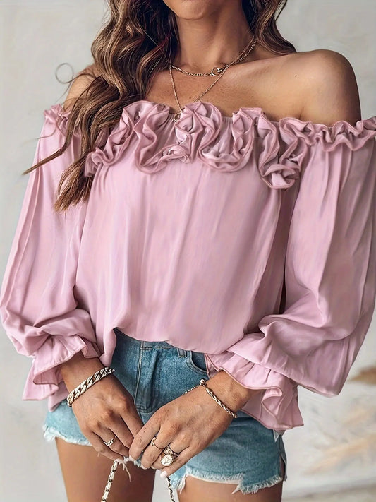 Off-Shoulder Ruffled Hem Long Sleeve Shirt, Solid Color Casual Top for Women Spring MyFave Boutique