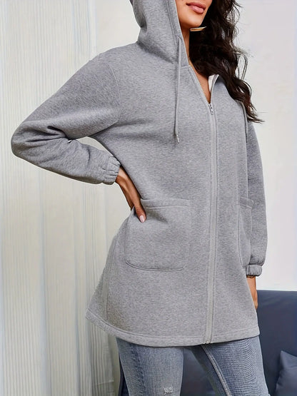 Solid Zipper Front Pockets Hoodie for Women, Long Sleeve Drawstring Sweatshirt, Casual Outwear MyFave Boutique