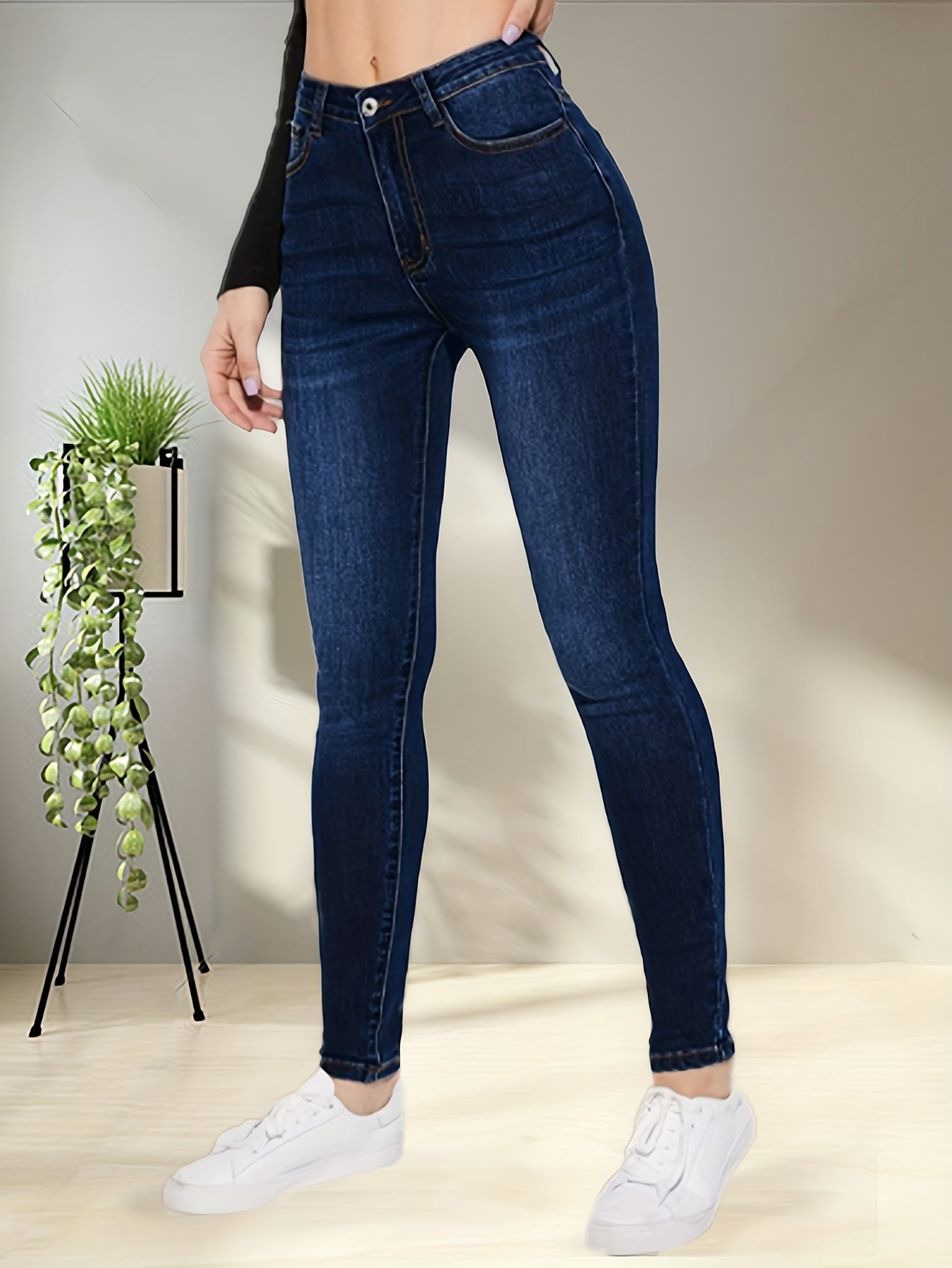 Blue High Stretch Skinny Jeans, Slim Fit Slant Pockets Casual Tight Jeans, Women's Denim Jeans & Clothing MyFave Boutique