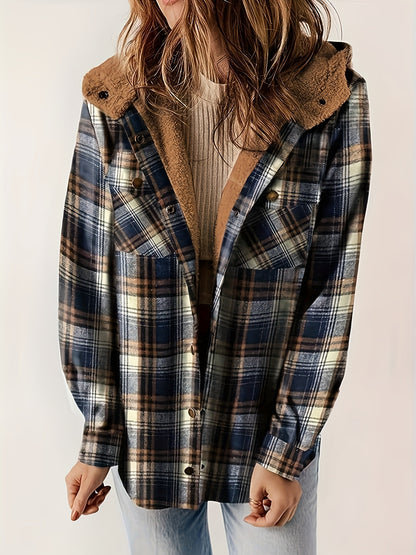 Plaid Pattern Zip Up Jacket, Casual Hooded Long Sleeve Warm Outwear, Women's Clothing MyFave Boutique