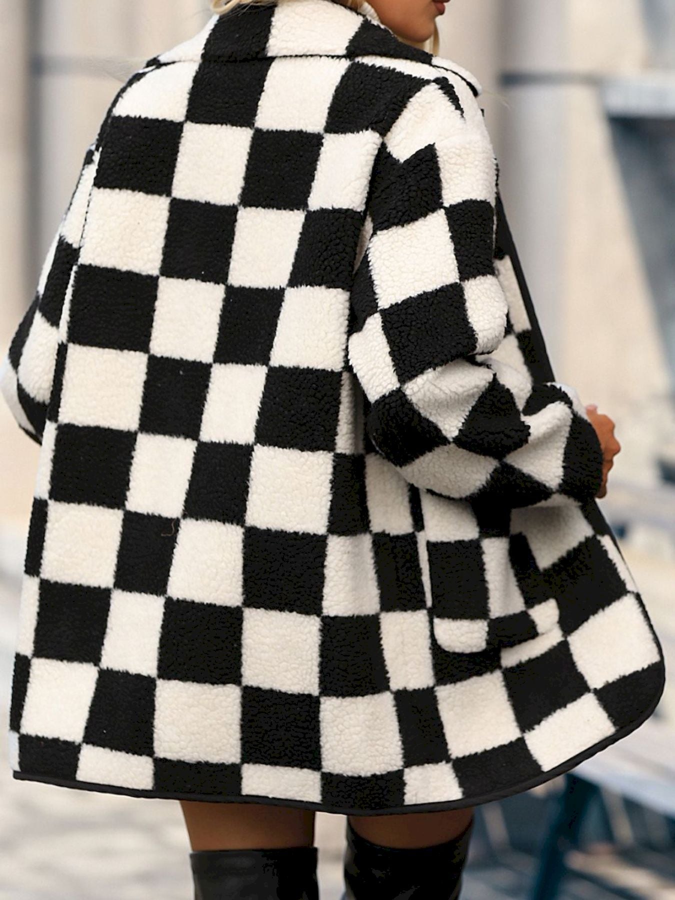 Full Size Checkered Button Front Coat with Pockets MyFave Boutique