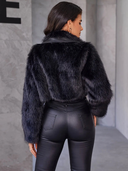 Zip-up Faux Fur Crop Coat, Elegant Long Sleeve Collared Fluffy Coat For Fall & Winter, Women's Clothing MyFave Boutique