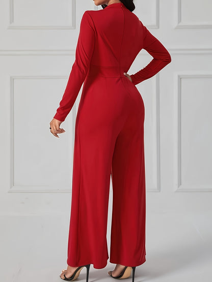 Solid Color Crew Neck Jumpsuit, Elegant Waist Slim Long Sleeve Jumpsuit For Spring & Summer, Women's Clothing MyFave Boutique