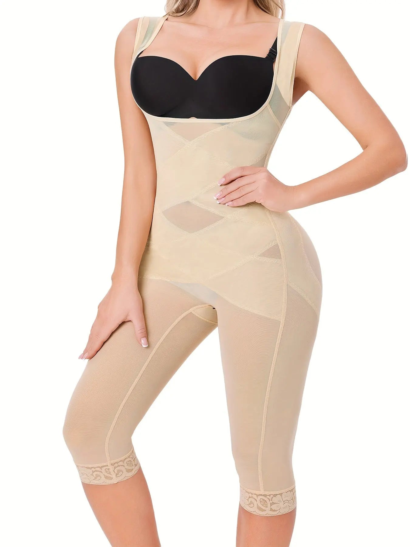 Women's Nylon Spandex Square Neck Sexy Unitard with Sheer Mesh Detail, Festive Capri-Length Body Shaper Jumpsuit with Lace Trim, All-Season Skinny Contour Knit Fabric Shapewear for Adults MyFave Boutique