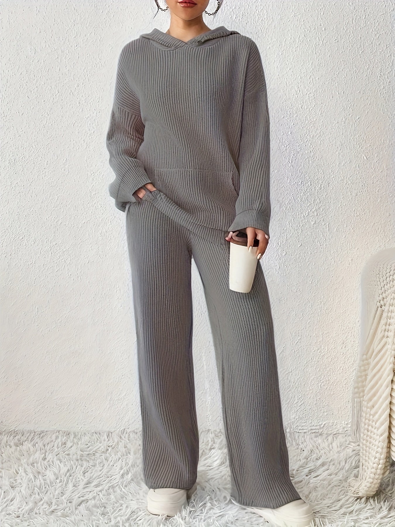 Solid Color Ribbed Knitted Hoodie Two-piece Set, Casual Drop Shoulder Long Sleeve Kangaroo Pocket Hoodies Sweatshirt & Elastic Waist Straight Leg Pants Outfits, Women's Clothing MyFave Boutique