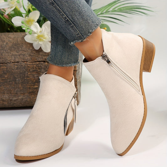 Women's Solid Color Boots, Slip On Point Toe Side Zipper Chunky Heel Non-slip Ankle Shoes, Versatile Comfy Shoes MyFave Boutique