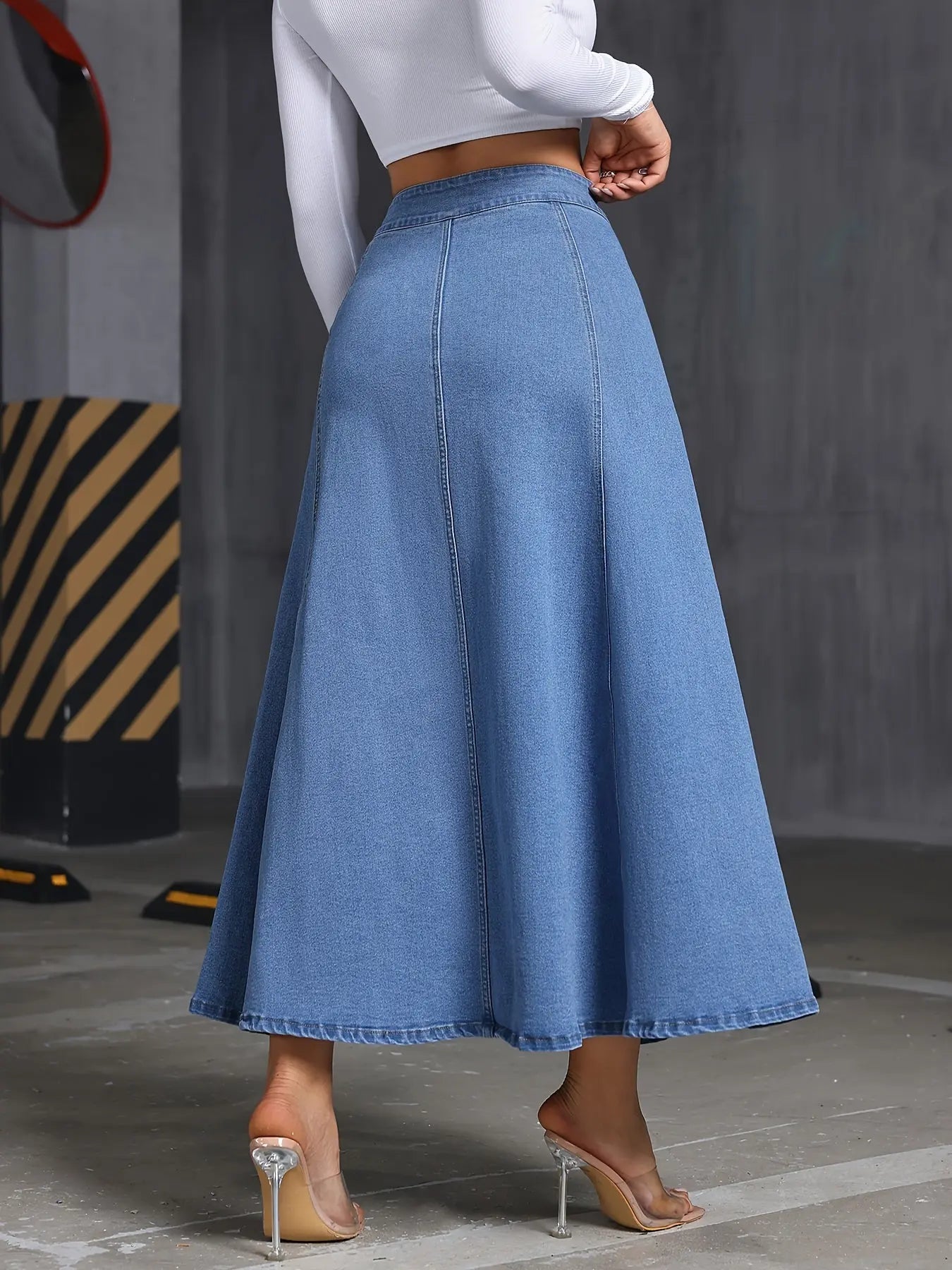 Single-breasted Plain Washed Blue Loose Fit Maxi Denim Skirt, Women's Denim Jeans & Clothing MyFave Boutique