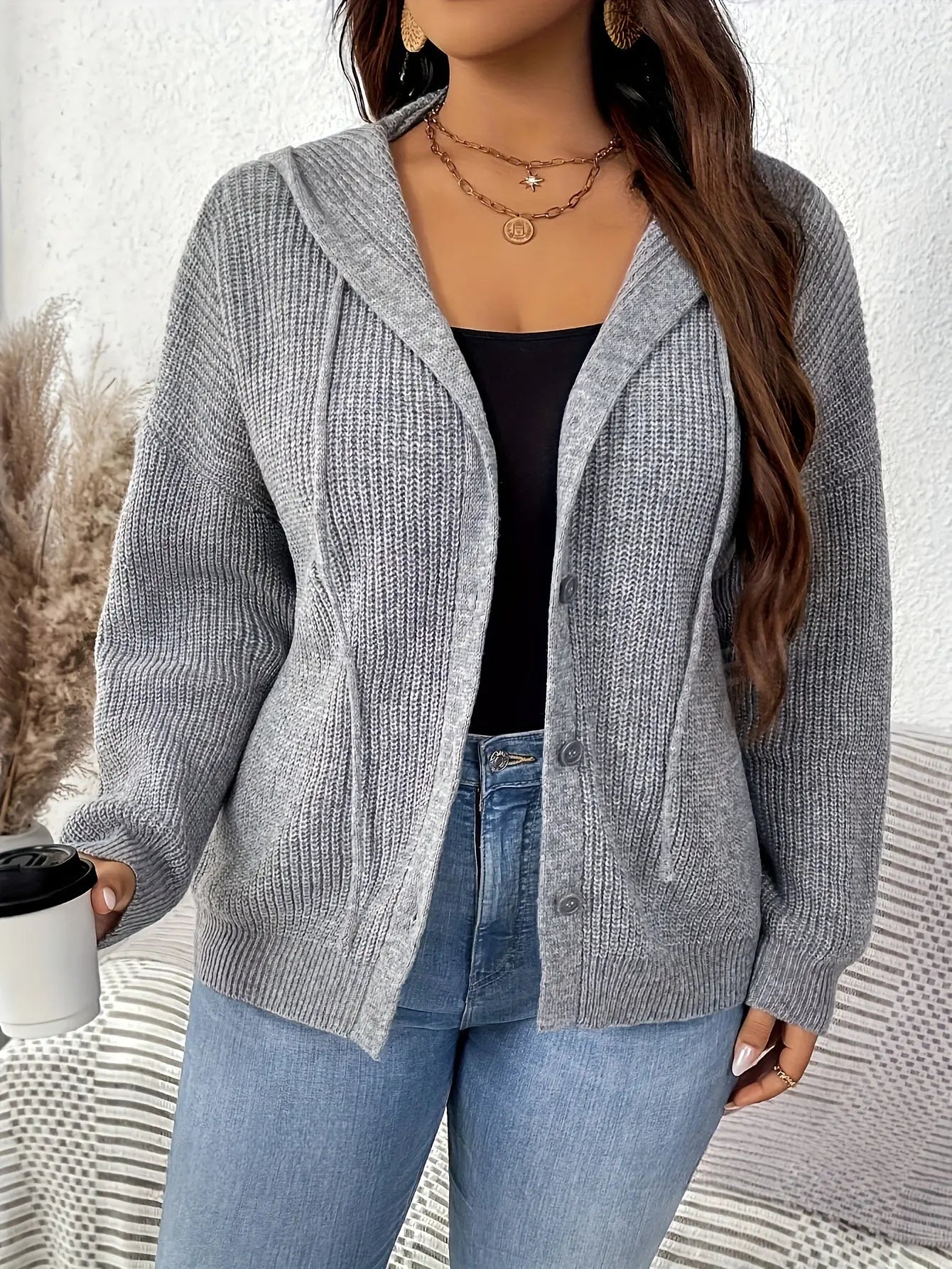 Plus Size Hooded Knitted Cardigan, Casual Button Front Long Sleeve Cardigan For Fall & Winter, Women's Plus Size Clothing MyFave Boutique