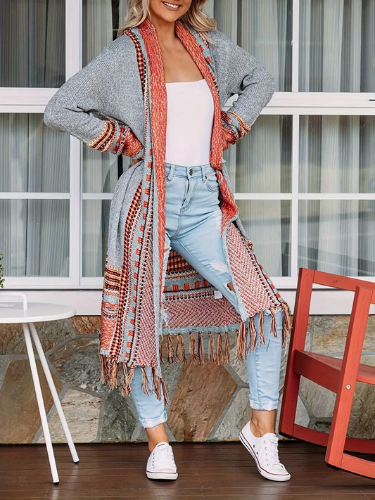 Women's Striped Pattern Fringe Hem Cardigan - Elegant Open Front Long Sleeve Cardigan for Spring & Fall MyFave Boutique