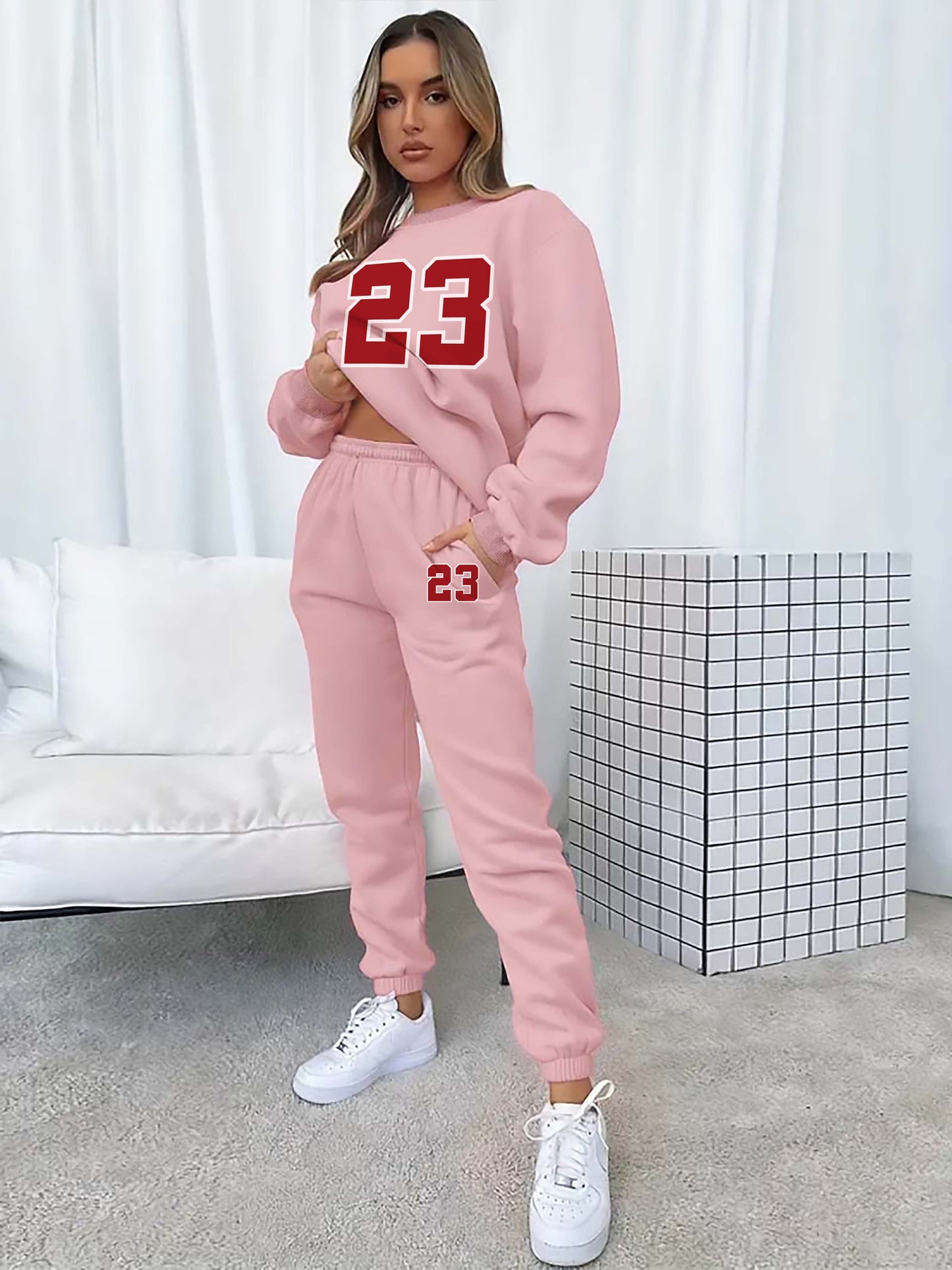 Twenty-three Print Fleece Two-piece Set, Casual Long Sleeve Sweatshirt & Jogger Sweatpants Outfits, Women's Clothing MyFave Boutique