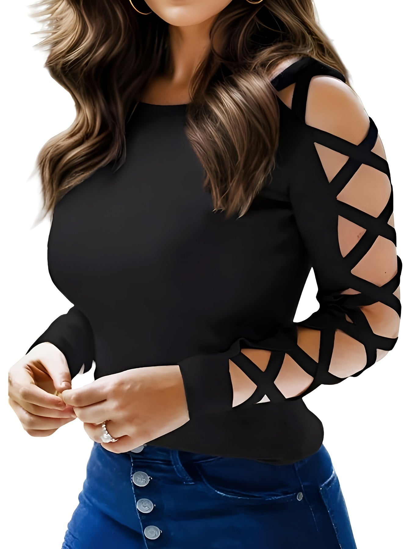 Solid Color Criss Cross T-Shirt, Casual Crew Neck Long Sleeve T-Shirt For Spring & Fall, Women's Clothing MyFave Boutique