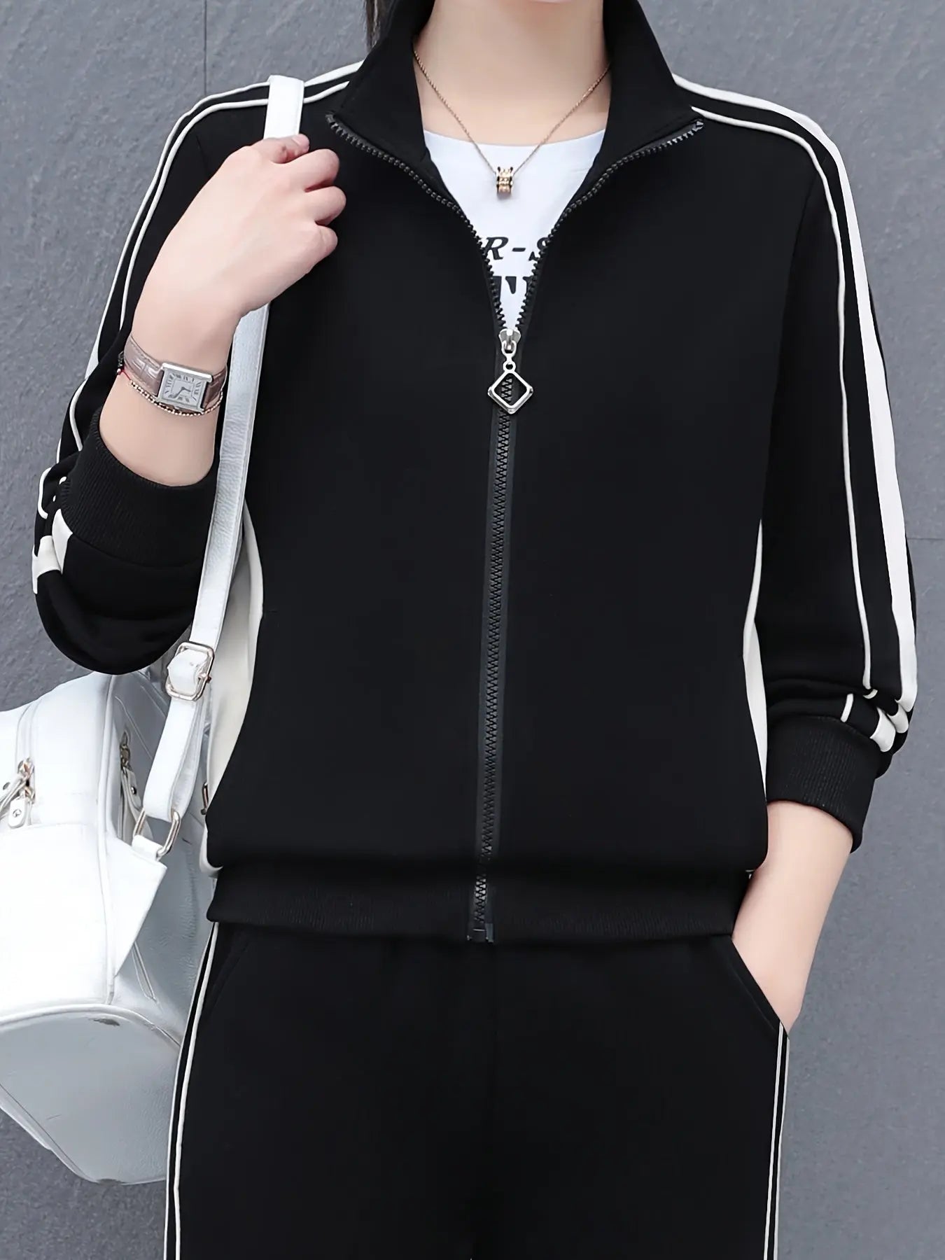 Women's Casual Striped Cotton Jacket with Small Stand-Up Collar, Zippered Opening, Knit Fabric, Elastic Medium Stretch, Spring/Fall Collection, Casual Outfit for Middle-Aged Moms MyFave Boutique