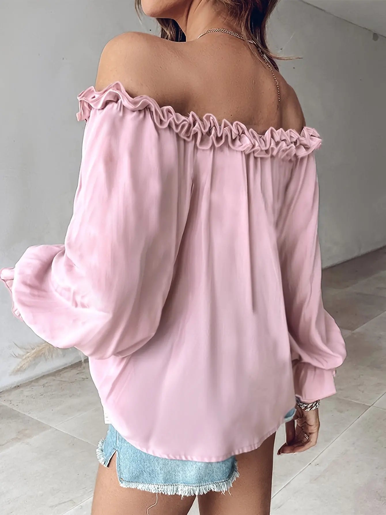 Off-Shoulder Ruffled Hem Long Sleeve Shirt, Solid Color Casual Top for Women Spring MyFave Boutique