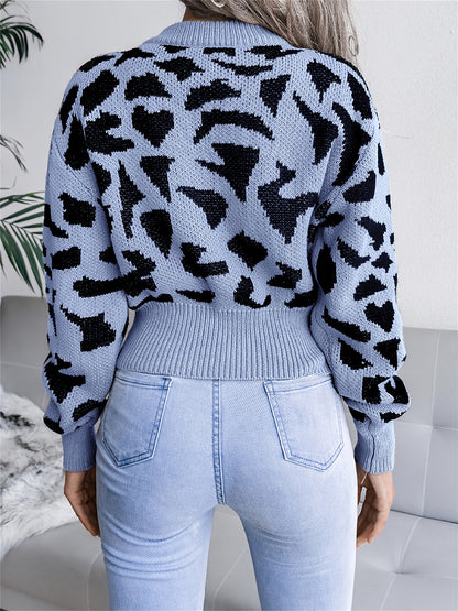 Women's Leopard Print Crop Sweater - Cozy Crew Neck Long Sleeve Top for Fall & Winter MyFave Boutique