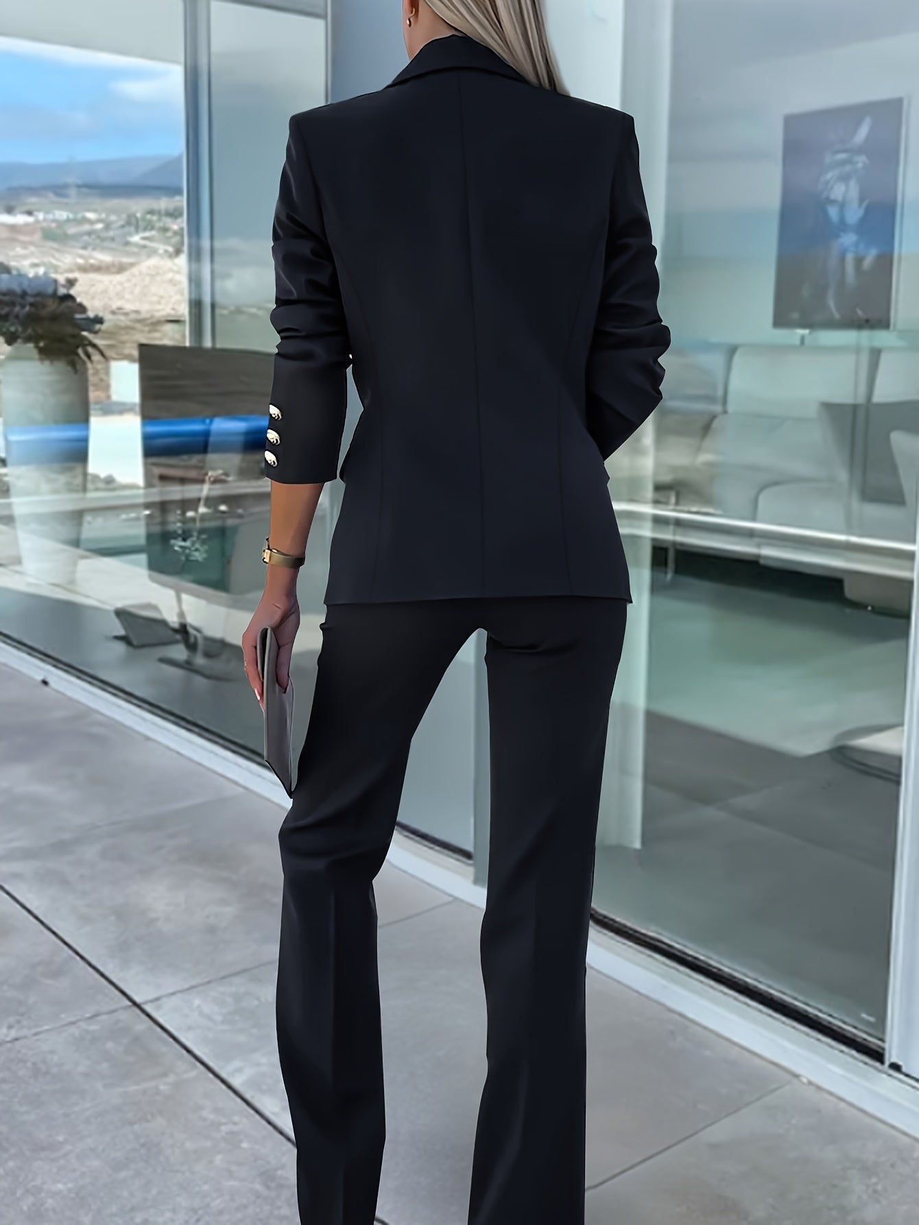 Solid Color Stylish Pantsuits, Button Front Lapel Collar Long Sleeve Blazer & Straight Leg Pants Outfits, Women's Clothing MyFave Boutique